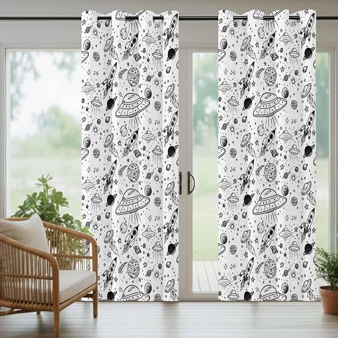 Cartoon Space Outdoor Curtains for Patio Rockets Astronauts Planets Black Waterproof Outside Curtains with Grommet Top Weatherproof Curtain for Cabana Pergola Gazebo, 2 Pack, 54" W x 84" L