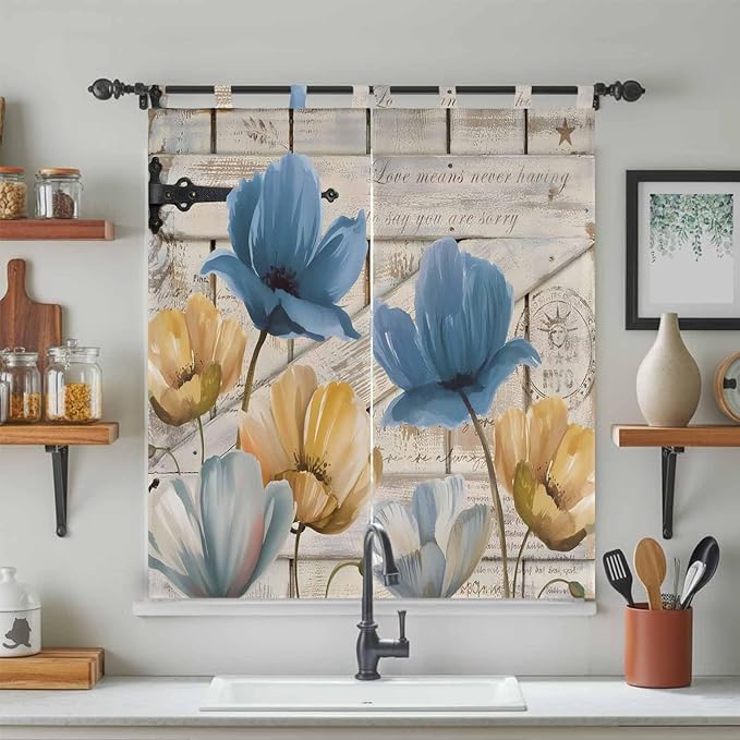 Blue Yellow Tulips Bathroom Curtains 63 Inch Length, Window Curtains Tab Top, Retro Farmhouse Flower Barn Doors Wooden Light Filtering Window Treatments Drapes 52"x63" 2 Panel