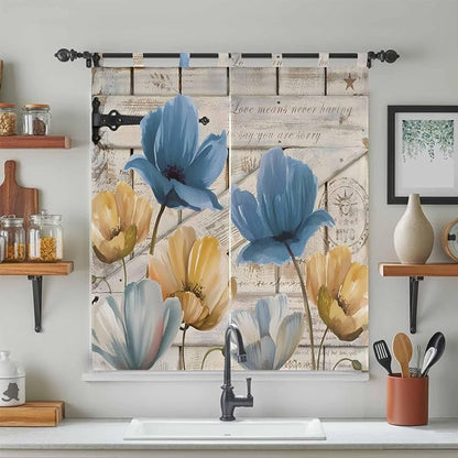 Blue Yellow Tulips Bathroom Curtains 63 Inch Length, Window Curtains Tab Top, Retro Farmhouse Flower Barn Doors Wooden Light Filtering Window Treatments Drapes 52"x63" 2 Panel