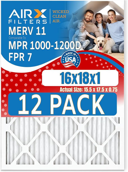 16x18x1 Air Filter MERV 11 Rating, 12 Pack of Furnace Filters Comparable to MPR 1000, MPR 1200 & FPR 7 - Made in USA by AIRX FILTERS WICKED CLEAN AIR.