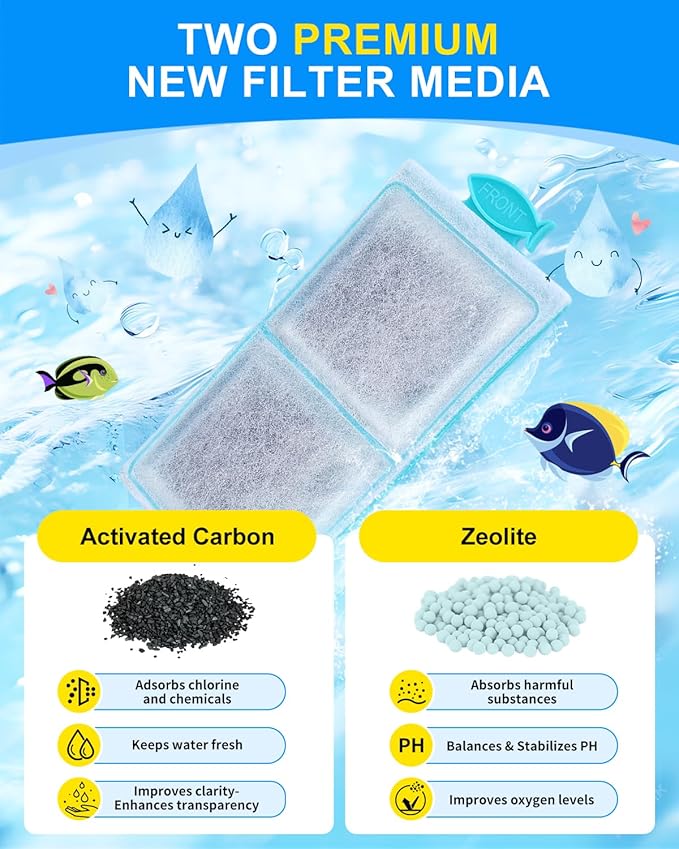 6 Pack Filter Cartridge Compatible with Top Fin PF-S Filter Cartridge, Upgraded PF-S Fish Tank Filters Compatible with Top Fin PF10 Power Filters, Activated Carbon & Zeolite for Clean Water