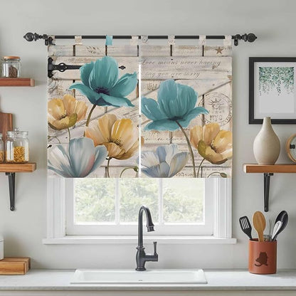 Watercolor Flowers Bedroom Curtains 63 Inch Length, Window Curtains Tab Top, Vintage Tulips Floral Barn Doors Wood Grain Light Filtering Window Treatments Drapes 42"x63" 2 Panel