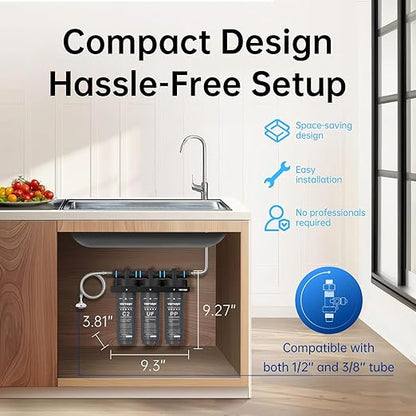 Vortopt Under Sink Water Filter,NSF Certificated Under Sink Water Filtration System,with Flow Rate of 0.53 GPM,F02-C2/UF/PP Filter for Cleaner Tap Water,Black.