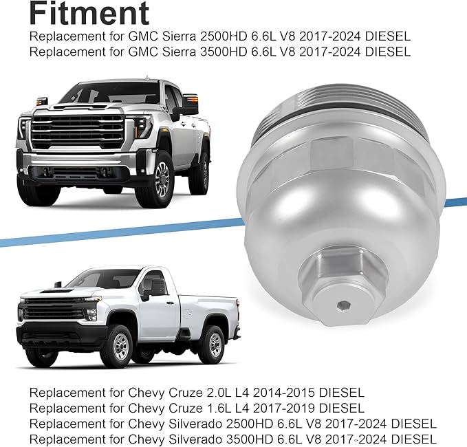 Fuel Filter Housing Cap 134001 Replacement for Chevy Cruze Silverado 2500HD 3500HD Replacement for GMC Sierra 2500HD 3500HD Duramax 6.6L L5P 2017-2024 Billet Aluminum Silver