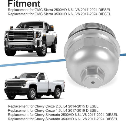 Fuel Filter Housing Cap 134001 Replacement for Chevy Cruze Silverado 2500HD 3500HD Replacement for GMC Sierra 2500HD 3500HD Duramax 6.6L L5P 2017-2024 Billet Aluminum Silver