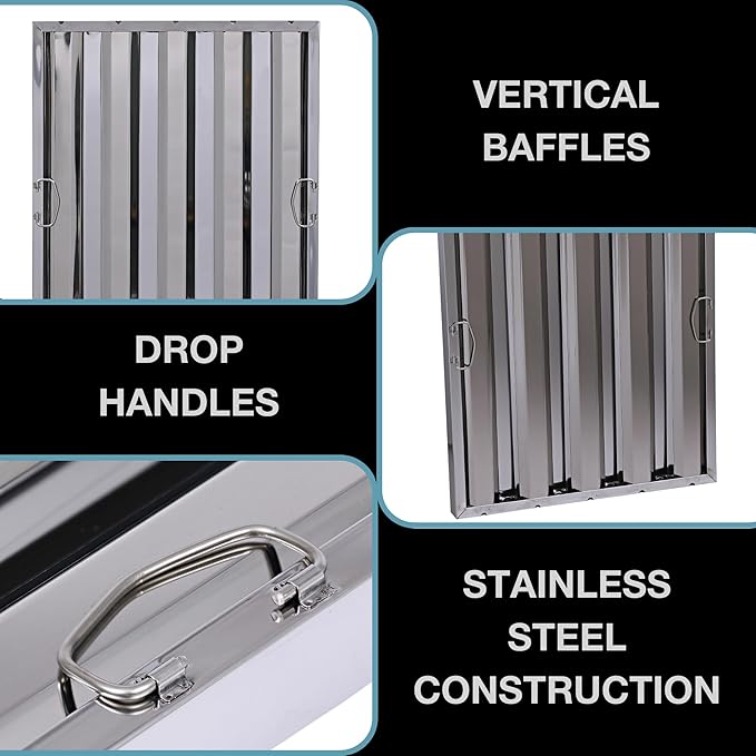 20" x 25" Stainless Steel Commercial Hood Filter – Dishwasher Safe, Welded Baffle Grease Trap with Drop Handles – Easy Installation & Durable Grease Fire Prevention Filter