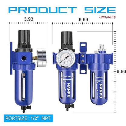 NANPU 1/2" NPT Compressed Air Filter Regulator Lubricator (FRL), Zinc Alloy, 5 Micron Brass Element, 0-150 psi Gauge, Quick Release Bowl, Manual Drain, Metal Bracket