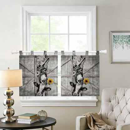 Funny Farm Animals Kitchen Curtains 36 Inch Length, Small Window Curtains Tab Top, Vintage Barn Grey Sunflowers Light Filtering Short Window Treatments Tier Drapes 27.5"x36" 2 Panel