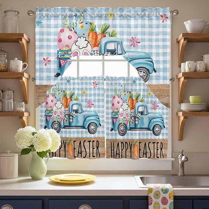 Swag Valance Curtains, Easter Truck with Rabbit Eggs Carrot Rod Pocket Valances Swag Topper for Kitchen Windows, Wood Barn and Blue Checker Light Filtering Short Curtain for Bedroom Bathroom 56x36In