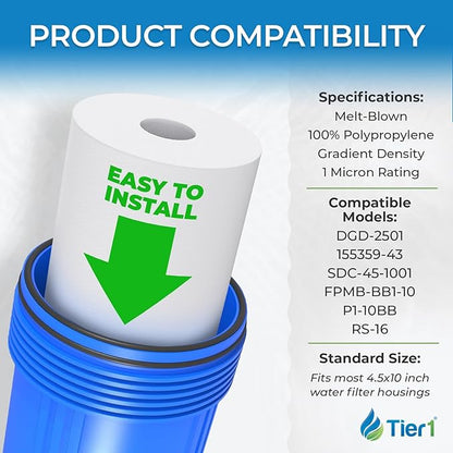 Tier1 1 Micron 10x4.5 Water Filter | Spun Wound Polypropylene Whole House Sediment Water Filter | Replacement for Pentek DGD-2501, 155359-43, SDC-45-1001 | 4.5 x 10 Water Filter Cartridge (6-Pack)