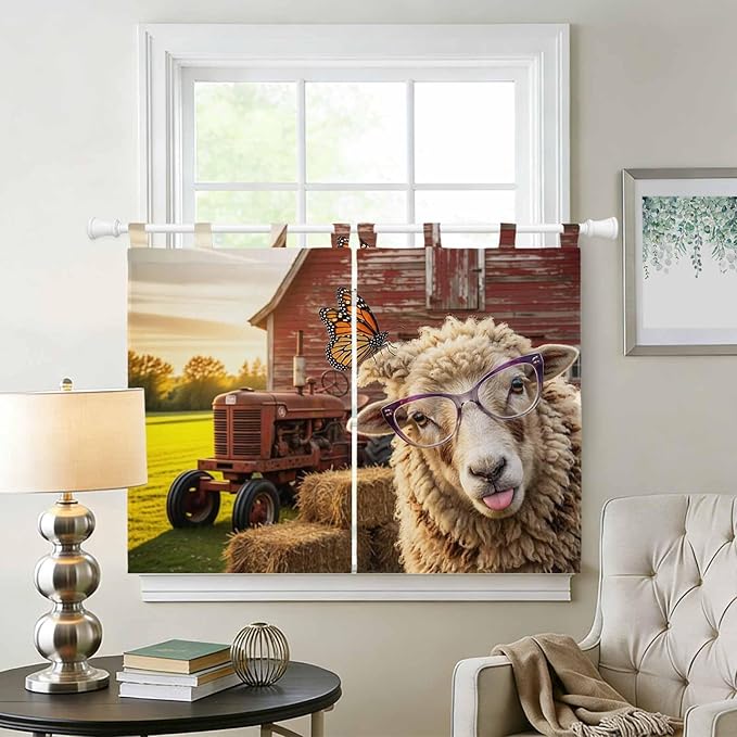 Farm Sheep Kitchen Curtains 45 Inch Length, Short Cafe Window Curtains Tab Top, Farmhouse Barn Funny Animals Butterfly Light Filtering Window Treatments Tier Drapes 27.5"x45" 2 Panel