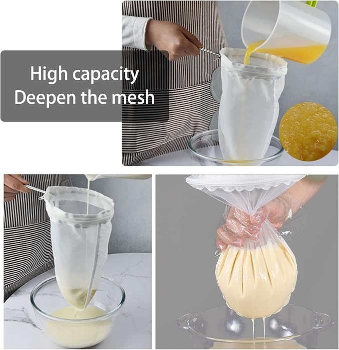 WMKGG Ultra Fine Reusable Filter Bags with Stainless Steel Handle for Nut Milk, Coffee, Milk, Butter, Juices and Fresh Cheese