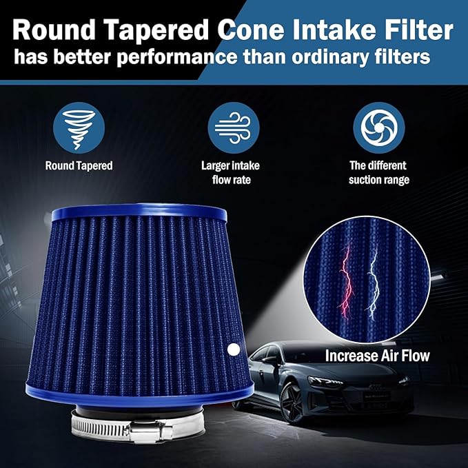 Universal Clamp-On Air Intake Filter, High Performance, Washable Filter, Replacement Air Filter, Flange Diameter 4inch/100mm (Blue)