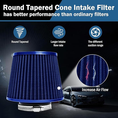 Universal Clamp-On Air Intake Filter, High Performance, Washable Filter, Replacement Air Filter, Flange Diameter 2.5inch/64mm (Blue)
