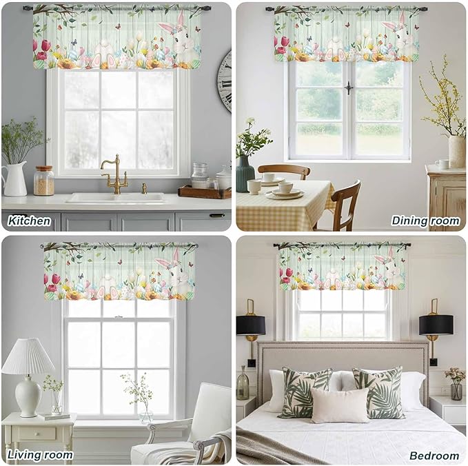 Easter Sheer Valances for Windows 54"x18", Light Filtering Kitchen Curtains Valance, Spring Watercolor Bunny Eggs Tulip Wooden Grain Teal Rod Pocket Chiffon Curtains for Living Room Bedroom Cafe