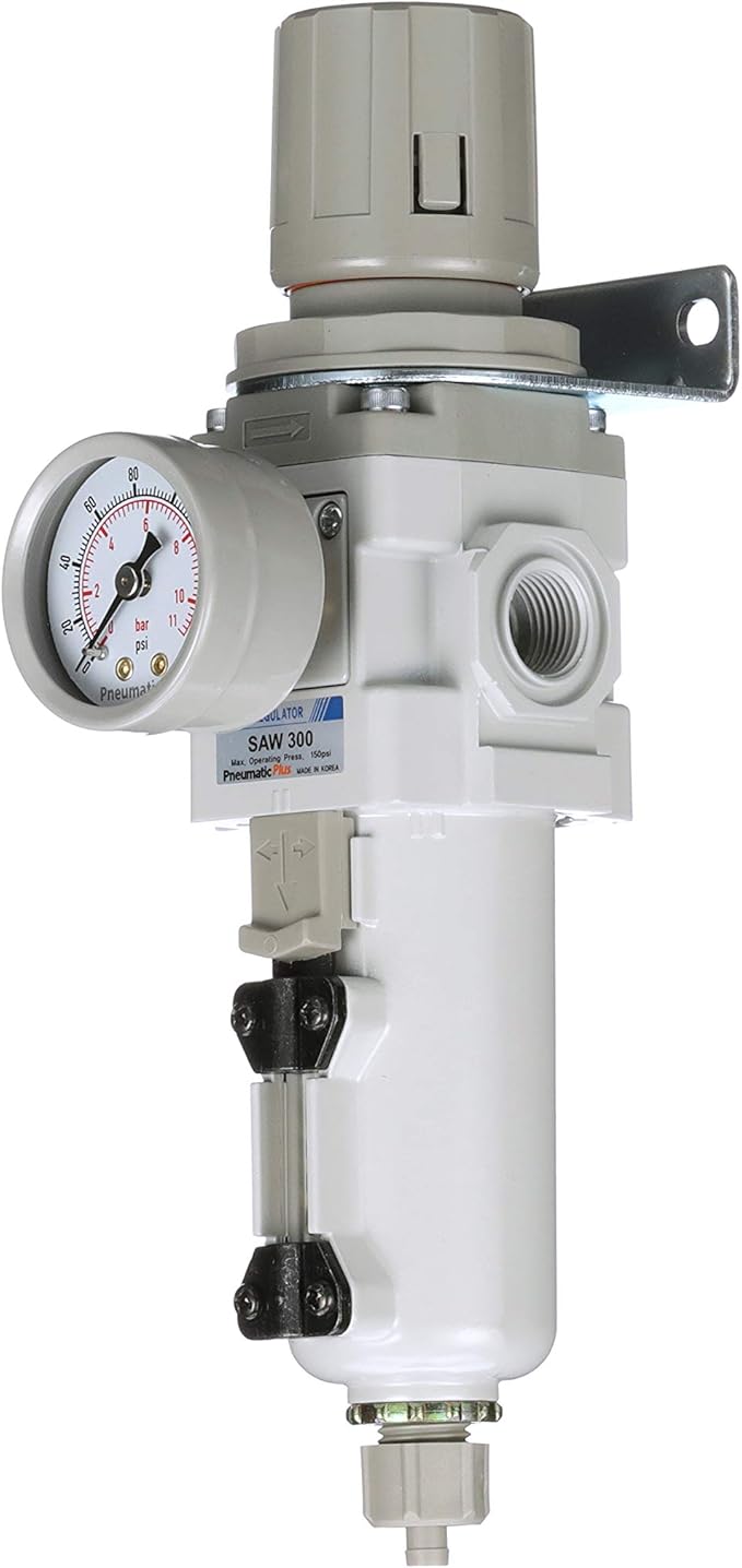 PneumaticPlus SAW300-N03BG-MEP Compressed Air Filter Regulator Piggyback Combo 3/8" NPT - Metal Bowl, Manual Drain, Bracket, Gauge