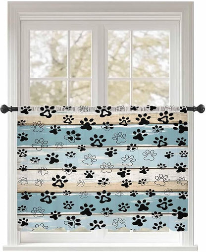 Sheer Curtains 54 Inch Length, Blue Beige Paw Print Semi Sheer Curtains Light Filtering Window Treatment, Vintage Farmhouse Country Wood Grain Privacy Voile Drapes for Living Room Bedroom 52x54 Inch