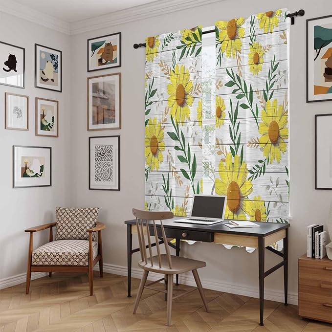 Yellow Daisy Kitchen Curtains, Farmhouse Country Flower Leaf Plant Wood Grain Light Filtering Window Curtain Panels, 2Pcs Rod Pocket Window Treatments Set for Living Room Bathroom Bedroom 52x72 Inches
