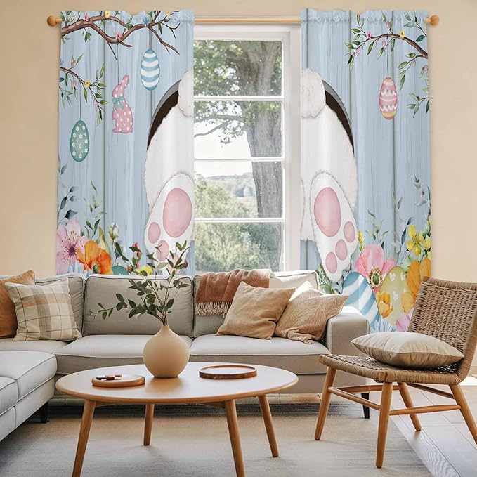 Easter Window Curtains 72 Inch Long 2 Panel Set,Rod Pocket Long Curtains & Drapes,Spring Watercolor Bunny Eggs Flower Wood Grain Blue Light Filtering Window Treatment for Bedroom 52"W x 72"L