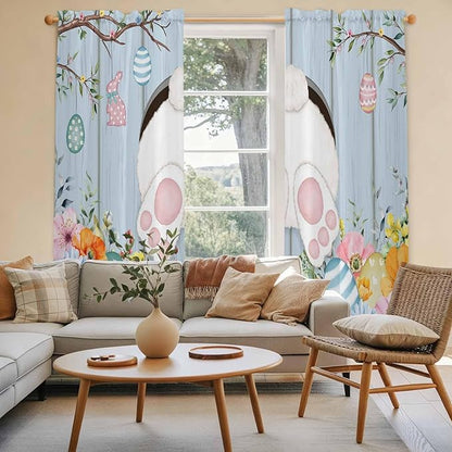 Easter Window Curtains 72 Inch Long 2 Panel Set,Rod Pocket Long Curtains & Drapes,Spring Watercolor Bunny Eggs Flower Wood Grain Blue Light Filtering Window Treatment for Bedroom 52"W x 72"L