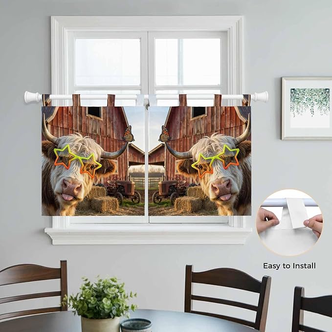 Farm Yaks Kitchen Curtains 36 Inch Length, Small Window Curtains Tab Top, Farmhouse Barn Funny Animals Butterfly Light Filtering Short Window Treatments Tier Drapes 27.5"x36" 2 Panel