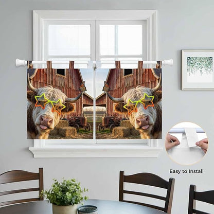 Farm Yaks Kitchen Curtains 36 Inch Length, Small Window Curtains Tab Top, Farmhouse Barn Funny Animals Butterfly Light Filtering Short Window Treatments Tier Drapes 27.5"x36" 2 Panel