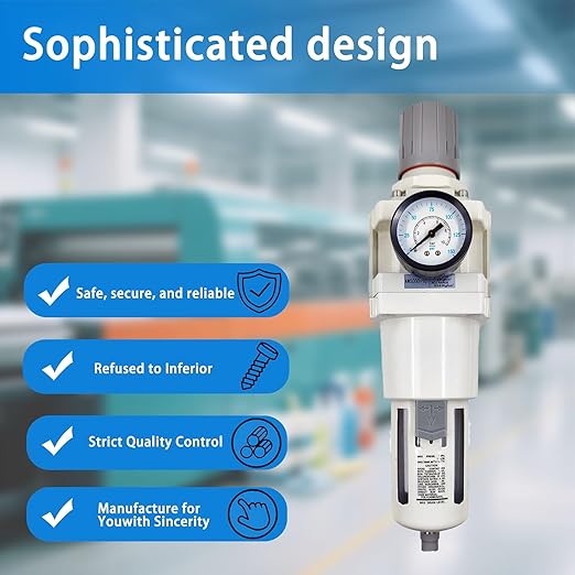 XingNEeng 1" NPT Compressed Air Filter Regulator Combo Piggyback, Water/Oil Trap Separator with Pressure Gauge(0-150 psi), Semi-Auto Drain, Poly Bowl, 5 Micron Brass Element, Metal Bracket