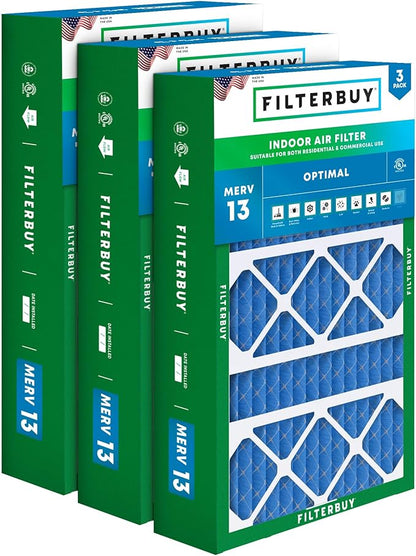 Filterbuy 15.75x27.63x3.50 Air Filter MERV 13 Optimal Smoke & Allergy Defense (3-Pack), Pleated HVAC AC Furnace Filters for AprilAire Space-Gard 104 & 2140 (Actual Size: 15.69 x 27.56 x 3.50)