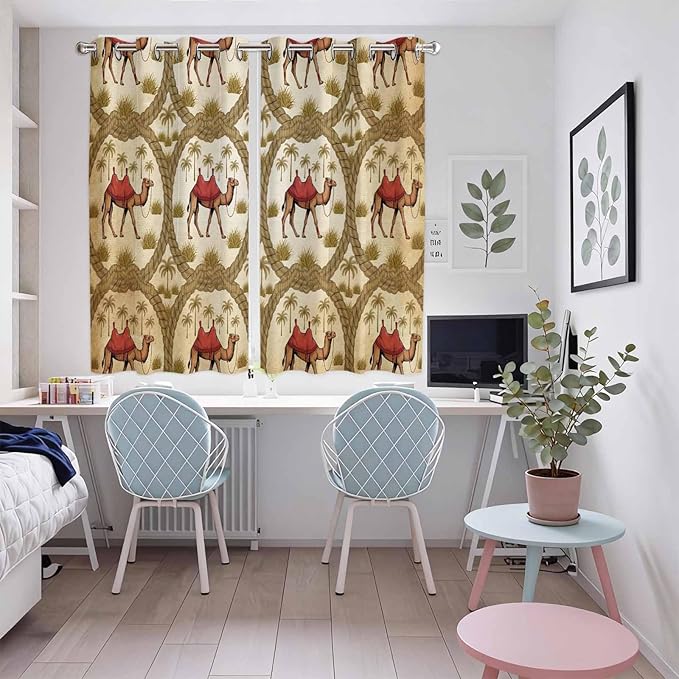 2 Panel Kitchen Cafe Curtains, Brown Desert Camels Sunlight Filtering Nature Air Through, Window Decor Tier Curtains for Living Room 104W x 72L inch Tropical Date Coconut Trees Cords Leaves