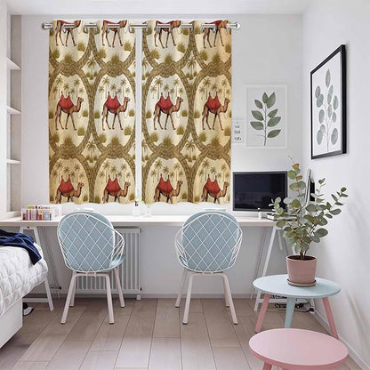2 Panel Kitchen Cafe Curtains, Brown Desert Camels Sunlight Filtering Nature Air Through, Window Decor Tier Curtains for Living Room 104W x 72L inch Tropical Date Coconut Trees Cords Leaves