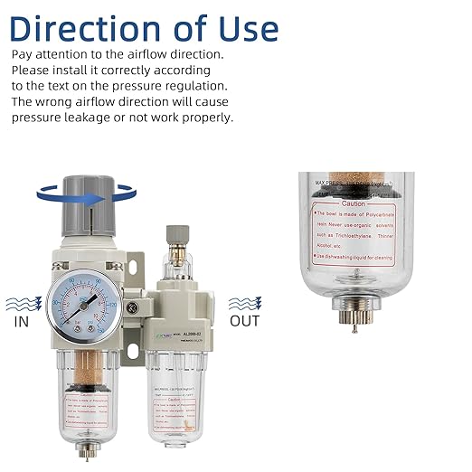 1/4" NPT Compressed Air Filter Regulator Lubricator Combination Water/Oil Trap Separator - Specifications (0-150 psi),5 Micron Brass Element,polyethylene Bowl,Manual Drain,Bracket
