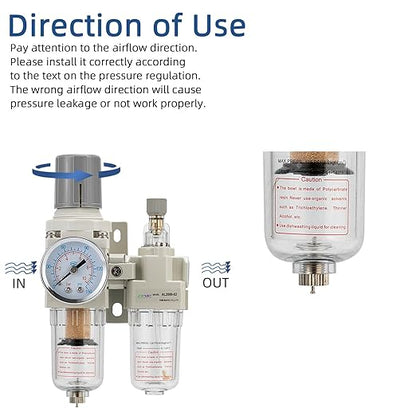 1/4" NPT Compressed Air Filter Regulator Lubricator Combination Water/Oil Trap Separator - Specifications (0-150 psi),5 Micron Brass Element,polyethylene Bowl,Manual Drain,Bracket