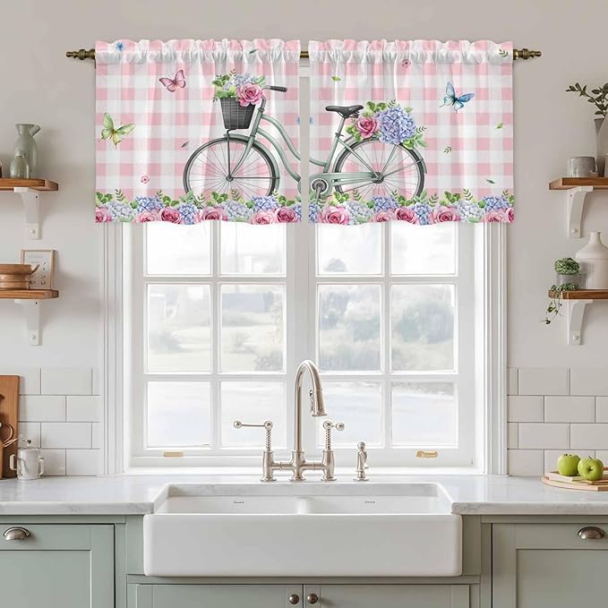 Spring Tier Curtains, Bicycles Leaves Butterfly Flowers Pink Buffalo Plaid Light Filtering Kitchen Curtains, 2Pcs Rod Pocket Half Window Treatments Panels for Sink Cafe Cabinet Camper 27.5x24 Inches