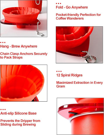2-in-1 Pour Over Coffee Dripper - Silicone Pour Over Coffee Maker, Collapsible Dripper, Use V60 or Wave Paper Filter, Reusable Portable Coffee Filter for travel Camping- Single Cup (Red)