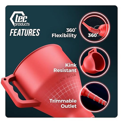 TEC Products FlexAll Long Flexible Funnels - Automotive Oil Funnel with Hose, Durable Nitrile Rubber for Oil Change, Transmission Funnel Fluid, Diesel, Fuel, Gas - Made in USA - Red (12 x 4 Inches)