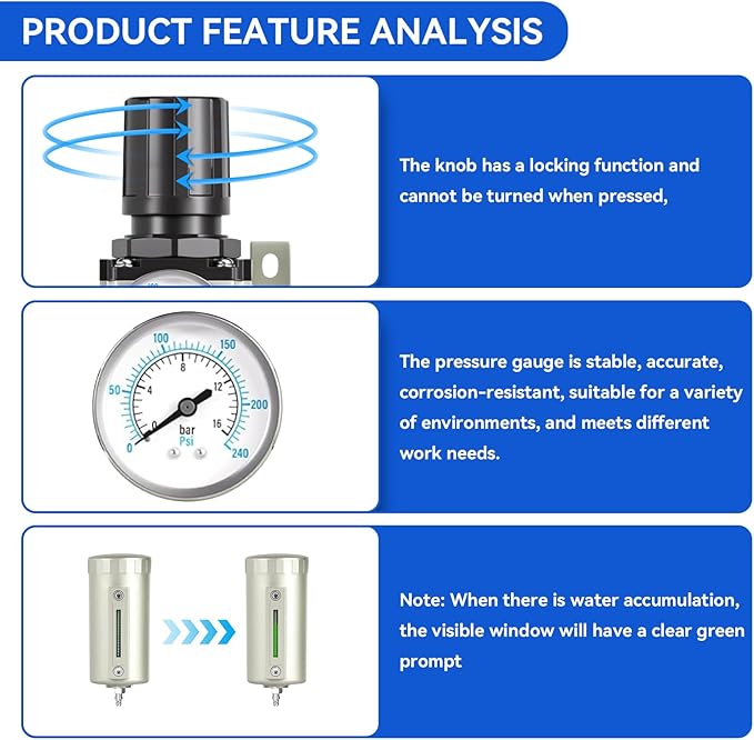 3/4" NPT Industrial Grade 4 Stage Air-Dryer-for-Compressor, Air-Compressor-Water-Separator-System for Plasma Cutter and Paint Spray, 3Filter&1Dryer System，Manual Drain