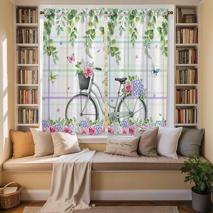 Spring Kitchen Curtains, Bicycles Botanical Leaves Rose Colorful Stripes Light Filtering Window Curtain Panels, 2Pcs Rod Pocket Window Treatments Set for Living Room Bathroom Bedroom 42x63 Inches