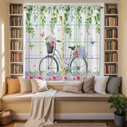 Spring Kitchen Curtains, Bicycles Botanical Leaves Rose Colorful Stripes Light Filtering Window Curtain Panels, 2Pcs Rod Pocket Window Treatments Set for Living Room Bathroom Bedroom 42x63 Inches