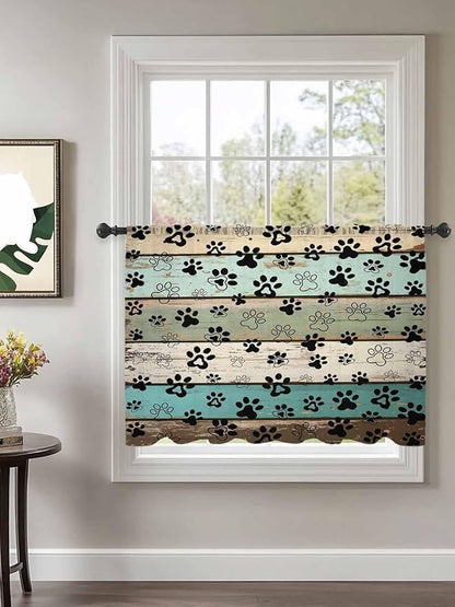 Sheer Curtains 45 Inch Length, Sage Green Brown Paw Prints Semi Sheer Curtains Light Filtering Window Treatment, Vintage Farmhouse Wooden Grain Privacy Voile Drapes for Living Room Bedroom 52x45 Inch