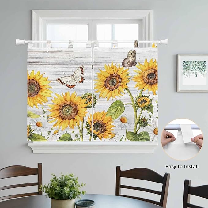 Yellow Sunflowers Bedroom Curtains 63 Inch Length, Window Curtains Tab Top, Vintage Country Flowers Butterfly Wood Board Light Filtering Window Treatments Drapes 42"x63" 2 Panel