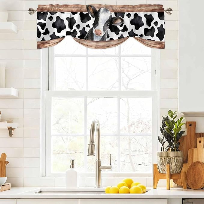 Cow Printed Tie Up Valance Curtains for Windows, Kitchen Curtains Window Shades, Farmhouse Watercolor Country Wooden Grain Light Filtering Roman Curtain Valances for Bedroom/Bathroom/Cafe 42"x12"