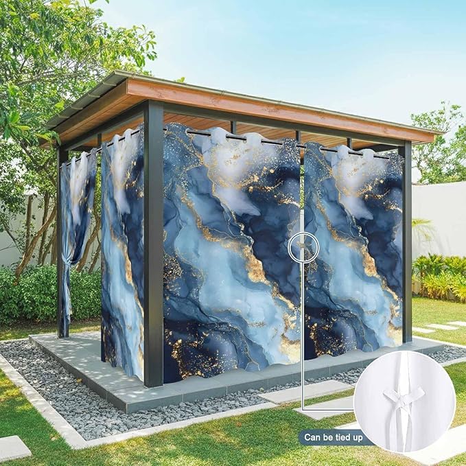 Marble Texture Outdoor Curtains for Patio Abstract Gradient Blue Golden Gorgeous Waterproof Outside Curtains with Grommet Top Weatherproof Curtain for Cabana Pergola Gazebo, 2 Pack, 54" W x 95" L