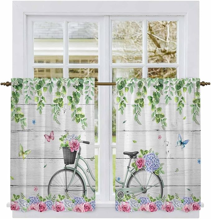 Spring Tier Curtains, Bicycles Botanical Rose Leaves Butterfly Wood Grain Light Filtering Kitchen Curtains, 2Pcs Rod Pocket Half Window Treatments Panels for Sink Cafe Cabinet Basement 27.5x45 Inches