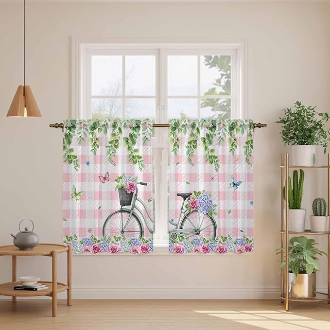 Spring Kitchen Curtains, Bicycles Leaves Butterfly Flowers Pink Buffalo Plaid Light Filtering Window Curtain Panels, 2Pcs Rod Pocket Window Treatments Set for Study Room Bathroom Bedroom 52x54 Inches