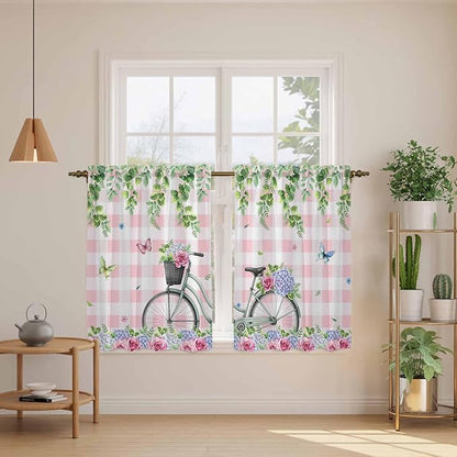 Spring Kitchen Curtains, Bicycles Leaves Butterfly Flowers Pink Buffalo Plaid Light Filtering Window Curtain Panels, 2Pcs Rod Pocket Window Treatments Set for RV Dining Room Study Room 42x45 Inches