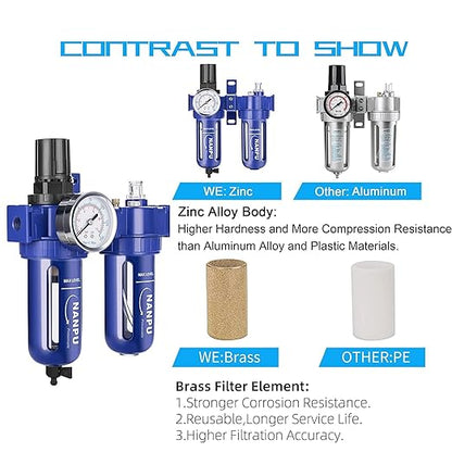 NANPU 3/8" NPT Compressed Air Filter Regulator Lubricator (FRL), Zinc Alloy, 5 Micron Brass Element, 0-150 psi Gauge, Quick Release Bowl, Manual Drain, Metal Bracket