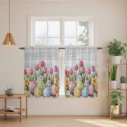 Easter Kitchen Curtains 45 Inch Long 2 Panel Set, Rod Pocket Window Treatment, Retro Spring Bunny Eggs Tulip Farm Wooden Grain Light Filtering Short Curtains & Drapes for Bathroom Laundry 52"W x 45"L
