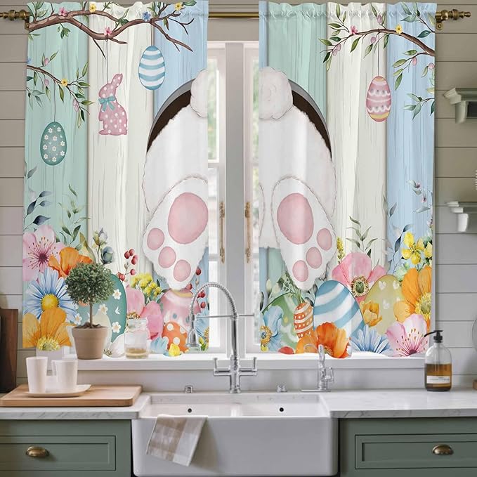 Easter Window Curtains 63 Inch Long 2 Panel Set, Rod Pocket Bedroom Curtains & Drapes, Spring Watercolor Bunny Eggs Wood Grain Teal Blue Light Filtering Window Treatment for Living Room 42"W x 63"L