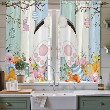 Easter Window Curtains 63 Inch Long 2 Panel Set, Rod Pocket Bedroom Curtains & Drapes, Spring Watercolor Bunny Eggs Wood Grain Teal Blue Light Filtering Window Treatment for Living Room 42"W x 63"L