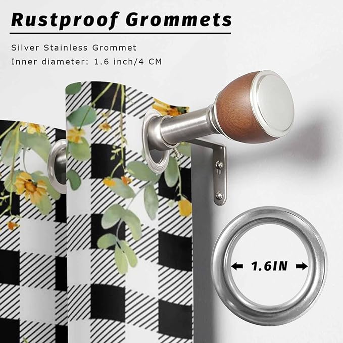 Sunflowers Outdoor Curtains for Patio Summer Floral Eucalyptus Leaf Buffalo Check Waterproof Outside Curtains with Grommet Top Weatherproof Curtain for Cabana Pergola Gazebo, 2 Pack, 54" W x 108" L